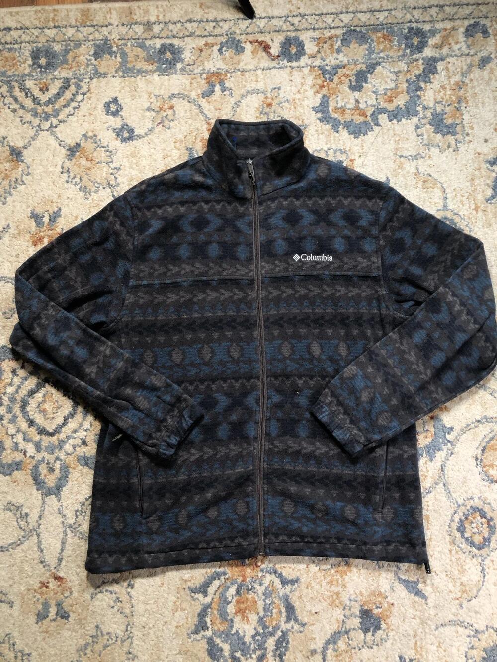Columbia Jacket Mens Large Blue Fleece Full Zip Geometric Hiking Outdoor